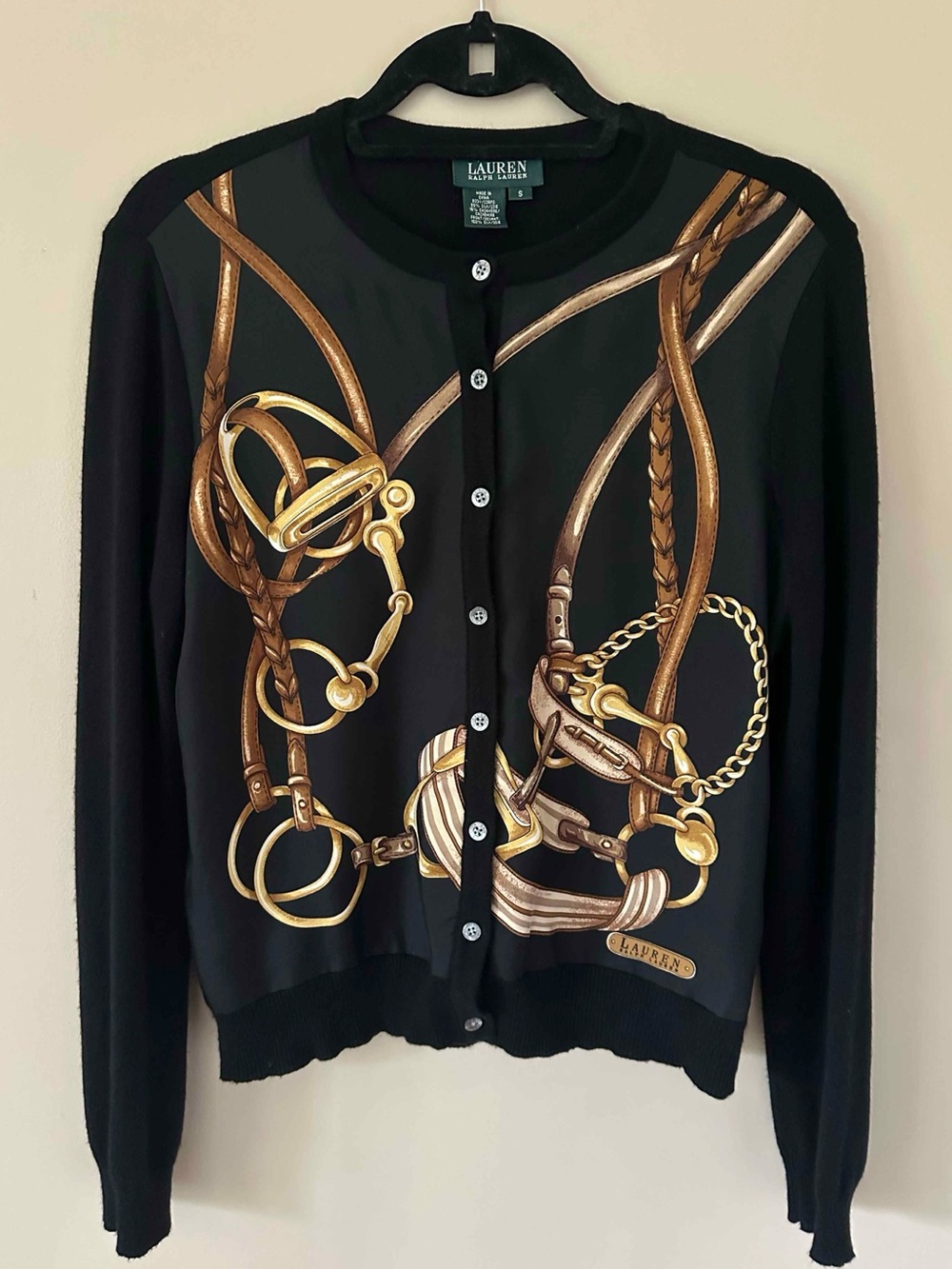 Ralph Lauren Black Silk Cashmere Cardigan with Gold Equestrian Horse Bit Print S